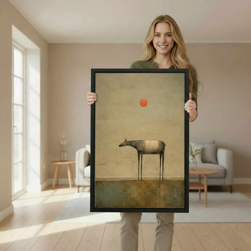 Woman holding large minimalist lone deer framed canvas wall art print in bright airy living room