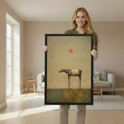 Woman holding large minimalist lone deer framed canvas wall art print in bright airy living room