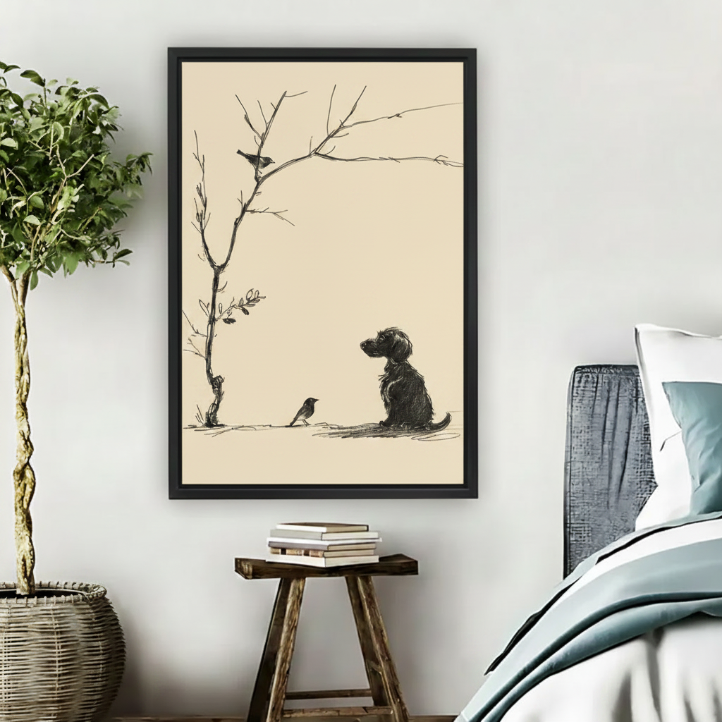 Minimalist ink sketch dog sitting beneath bare branch with bird, black framed canvas wall art above bedroom nightstand