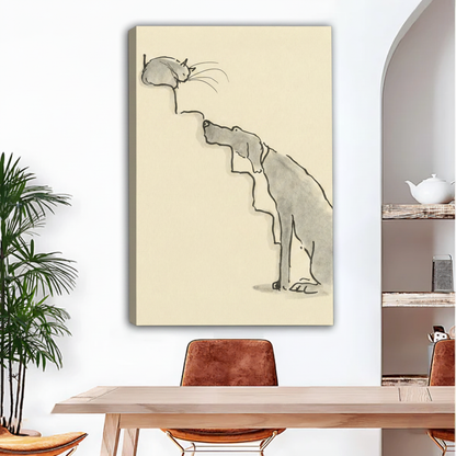 Minimalist dog cat nose to nose ink line art canvas print with visible wrap edges hung in bright dining room