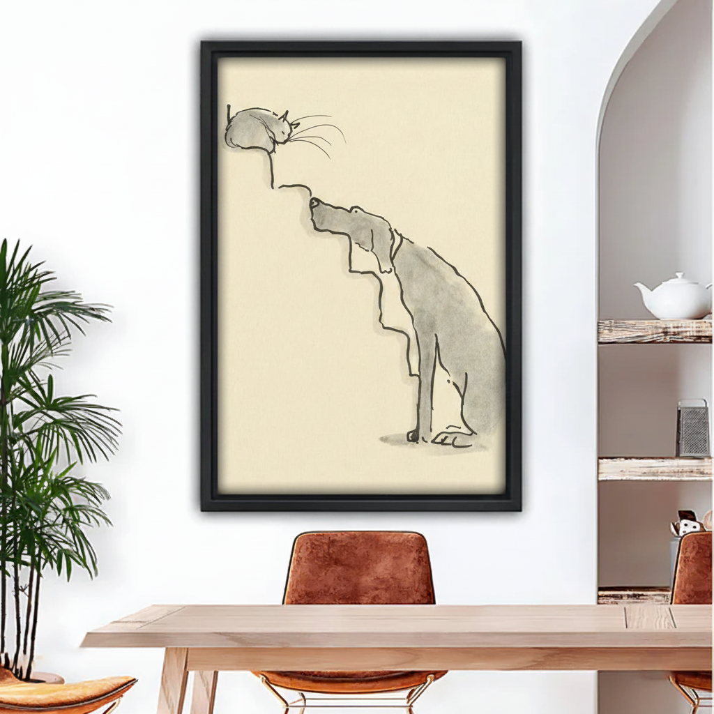 Minimalist dog and cat nose to nose line art framed canvas wall art displayed above wooden dining table in modern dining room