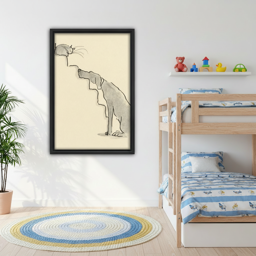 Minimalist dog cat nose to nose line art framed canvas wall art beside bunk bed in cheerful kids bedroom
