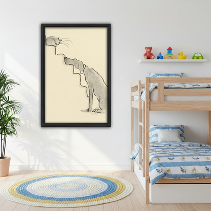 Minimalist dog cat nose to nose line art framed canvas wall art beside bunk bed in cheerful kids bedroom