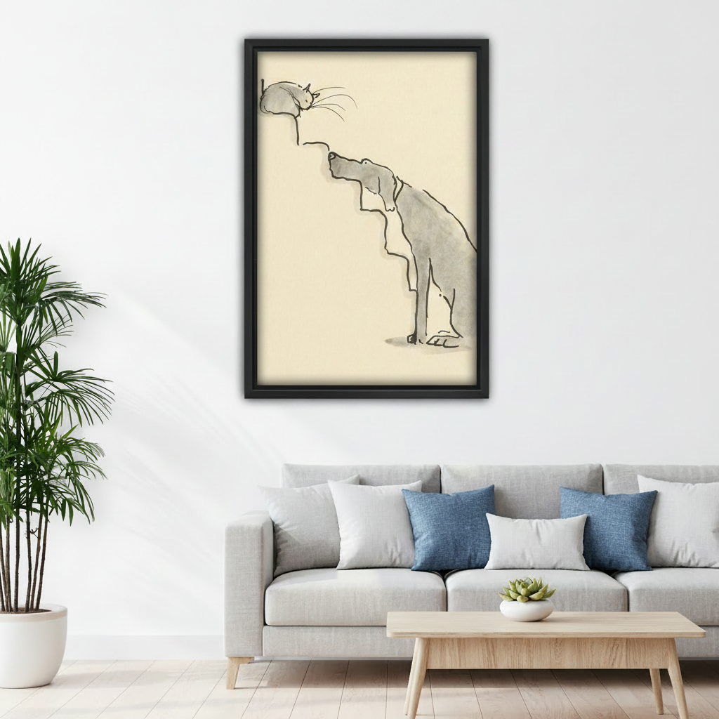 Minimalist dog and cat nose to nose ink line art framed wall art above grey sofa in modern living room