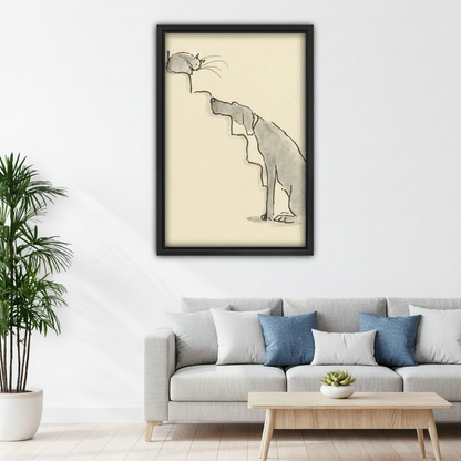 Minimalist dog and cat nose to nose ink line art framed wall art above grey sofa in modern living room