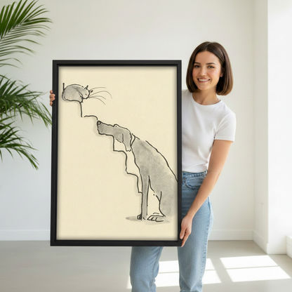 Smiling woman holding minimalist dog and cat nose to nose line art framed canvas showing size reference