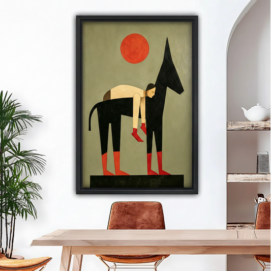 Minimalist abstract dog and figure black framed wall art in dining room, Bauhaus style olive red modern home decor