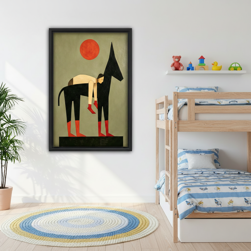 Minimalist abstract dog figure black framed print in children's bedroom, geometric modern art eclectic nursery wall decor