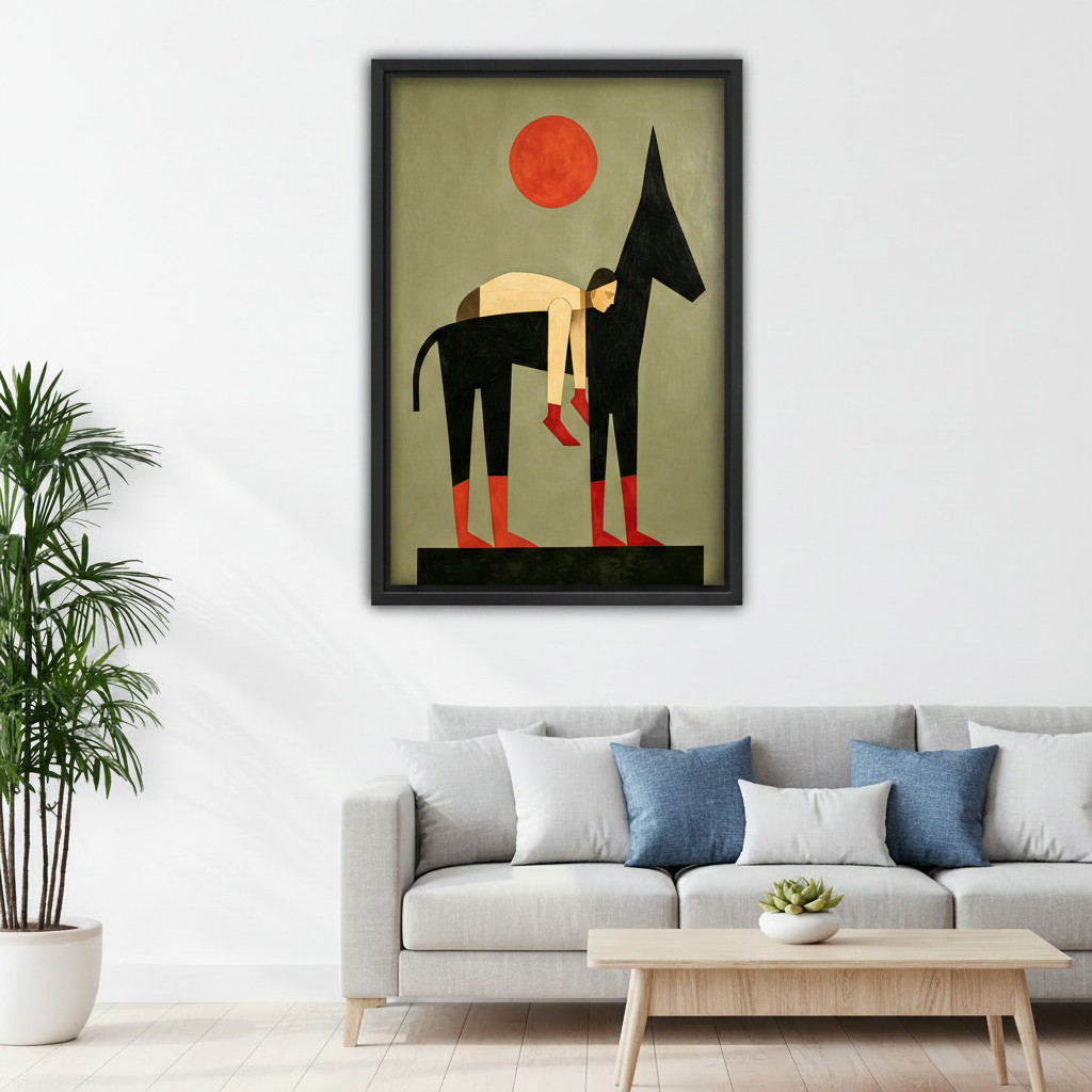 Minimalist Bauhaus dog figure wall art above gray sofa in modern living room, bold abstract red sun olive art print
