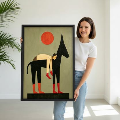 Woman holding large minimalist abstract dog figure framed wall art print, bold geometric Bauhaus style size reference