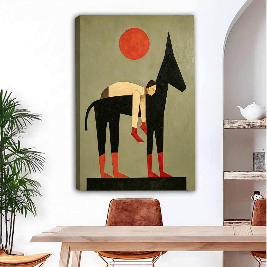 Minimalist dog figure gallery wrap canvas print in dining room, frameless Bauhaus abstract art olive green bold decor