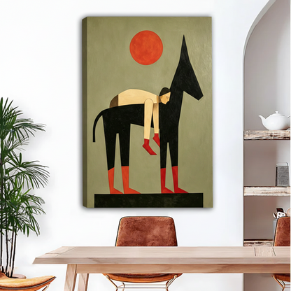 Minimalist dog figure gallery wrap canvas print in dining room, frameless Bauhaus abstract art olive green bold decor