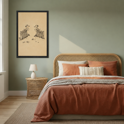Minimalist dog neighbors canvas wall art displayed above a rattan bed in a cozy bedroom
