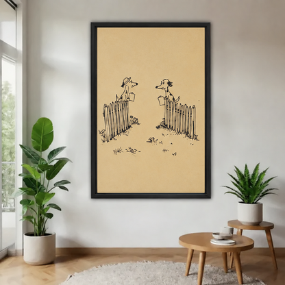 Minimalist dog neighbors canvas wall art in a black frame displayed in a bright living room