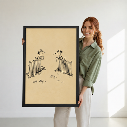 Woman holding large framed minimalist dog neighbors canvas wall art against a bright neutral wall