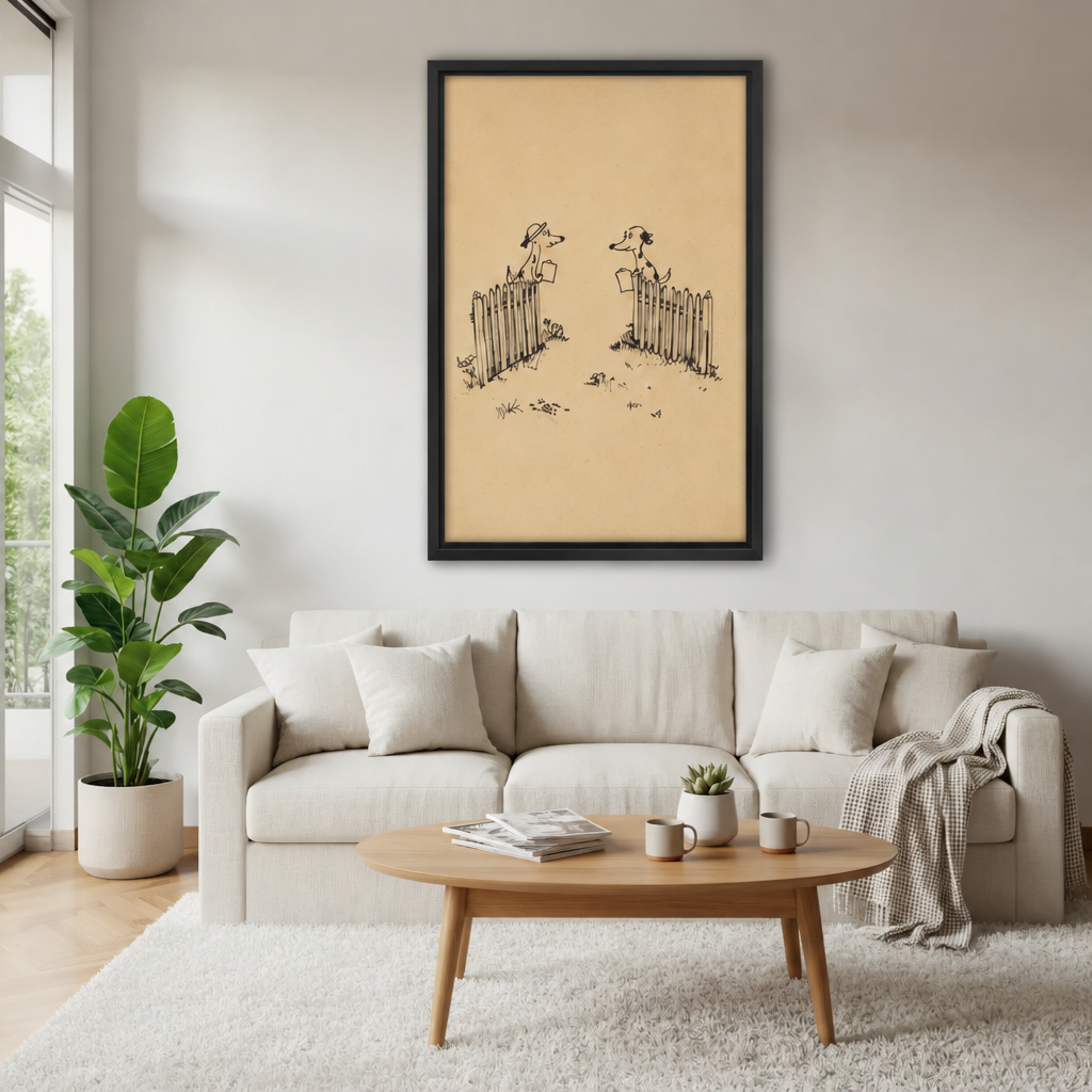 Black framed minimalist dog neighbors canvas wall art displayed above a white living room sofa