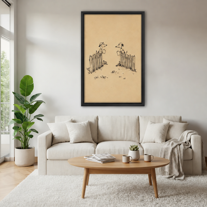 Black framed minimalist dog neighbors canvas wall art displayed above a white living room sofa