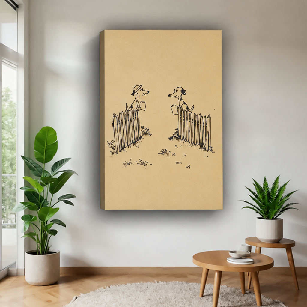 Gallery-wrap minimalist dog neighbors canvas wall art displayed in a modern plant-filled living room