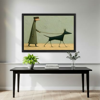 Minimalist framed print of a robed figure and black dog walking together, mounted above a dark console table in a light interior
