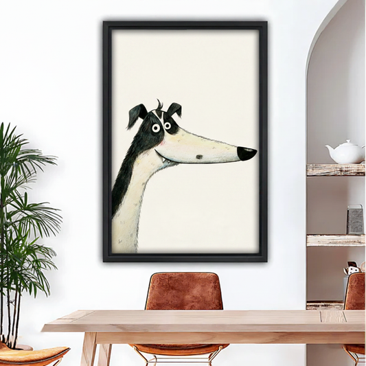 Minimalist doodle greyhound framed canvas wall art in black frame hung above dining table with arch doorway