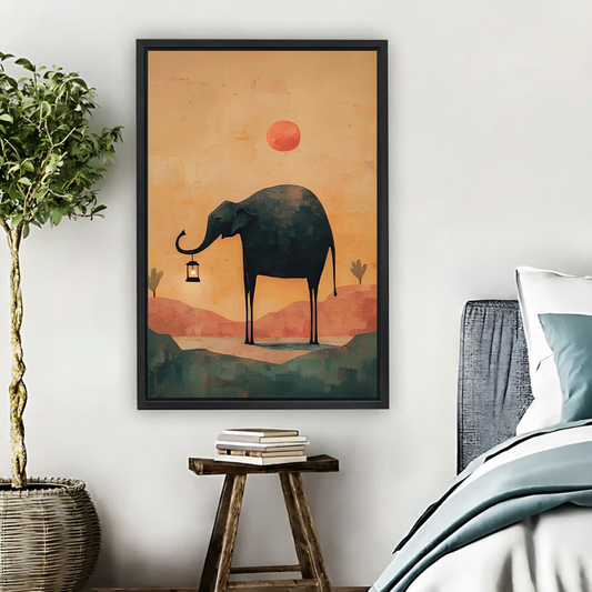  Minimalist framed canvas wall art of an elephant holding a lantern at golden sunset hung beside a bed in a boho bedroom