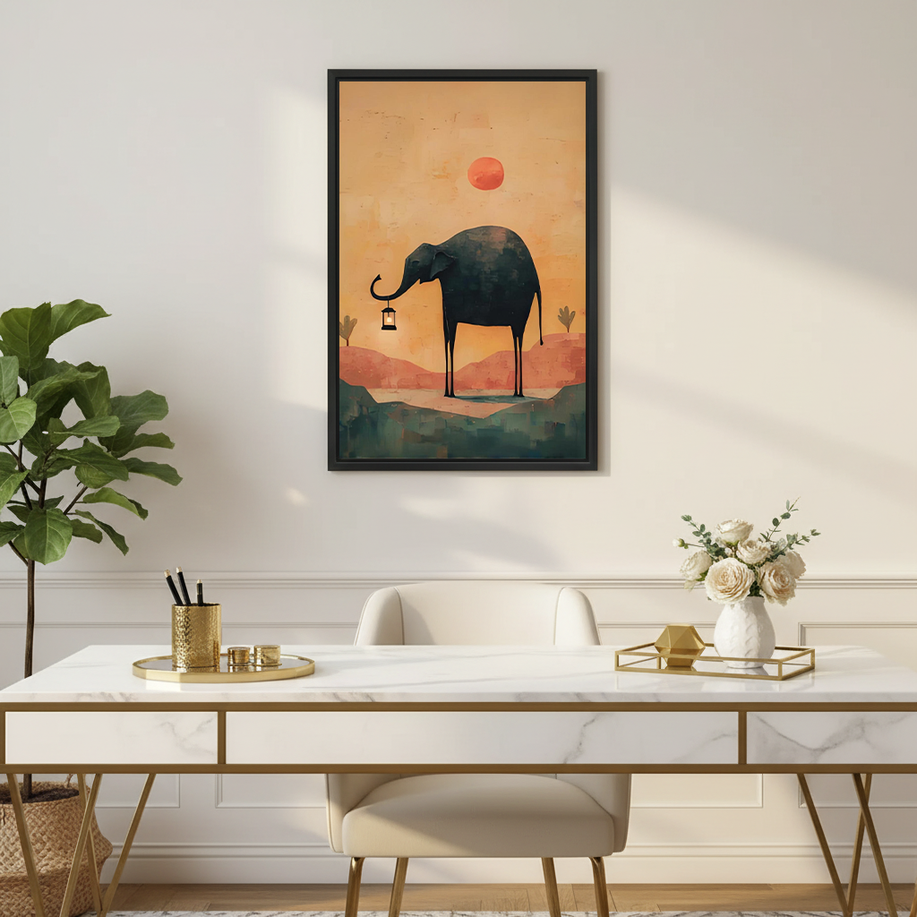 Minimalist elephant with lantern framed canvas wall art hung above a marble desk in an elegant gold-accented home office