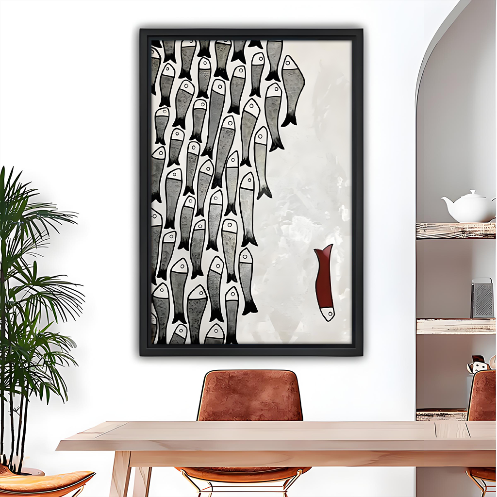 Minimalist framed canvas wall art featuring a lone red fish swimming apart from a grey school of fish