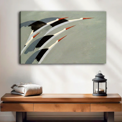 Flying storks unframed gallery wrap canvas print with bold black wings and red beaks displayed on a clean white wall