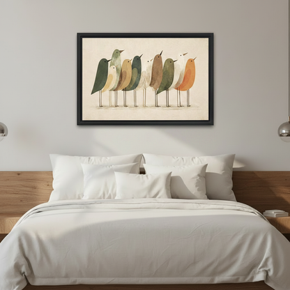 Minimalist folk art birds black framed canvas print on sage green bedroom wall above rattan bed with terracotta cushions