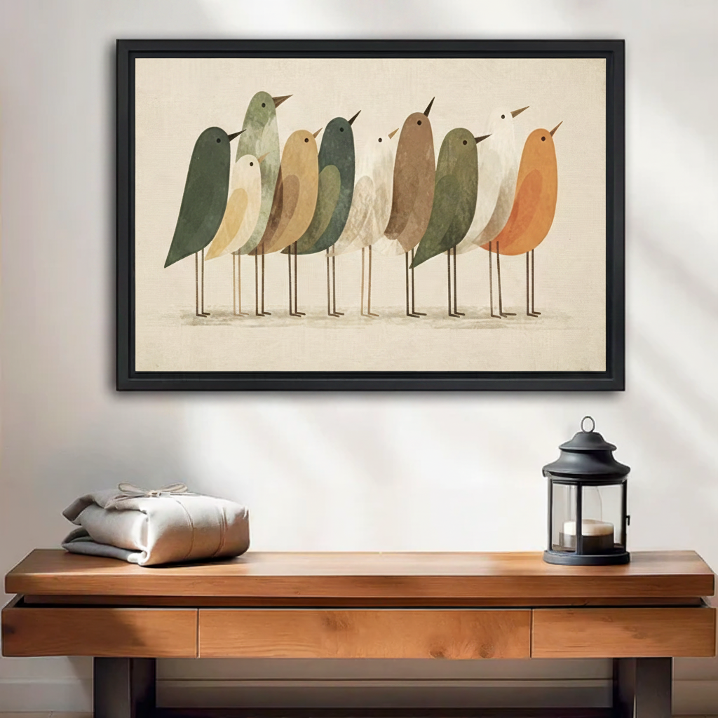 Minimalist folk art birds framed canvas wall art in black frame above dark wooden console table with lantern in entryway
