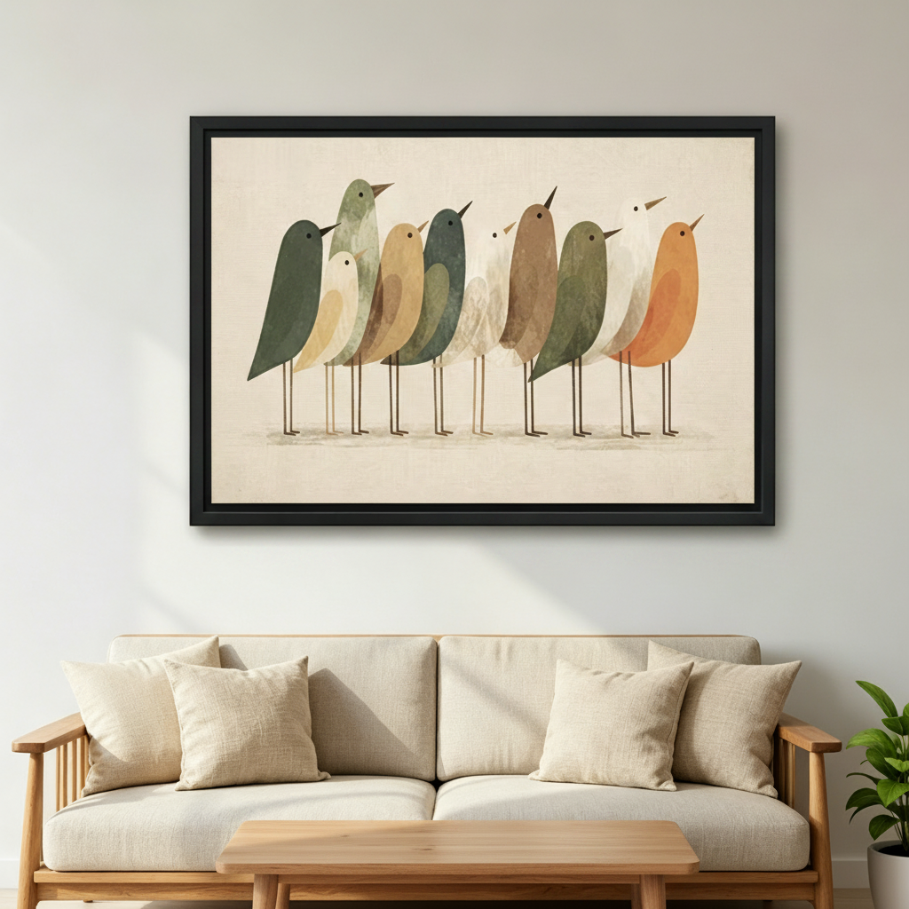 Minimalist folk art birds framed canvas wall art displayed above beige linen sofa in cozy Scandinavian living room with coffee table