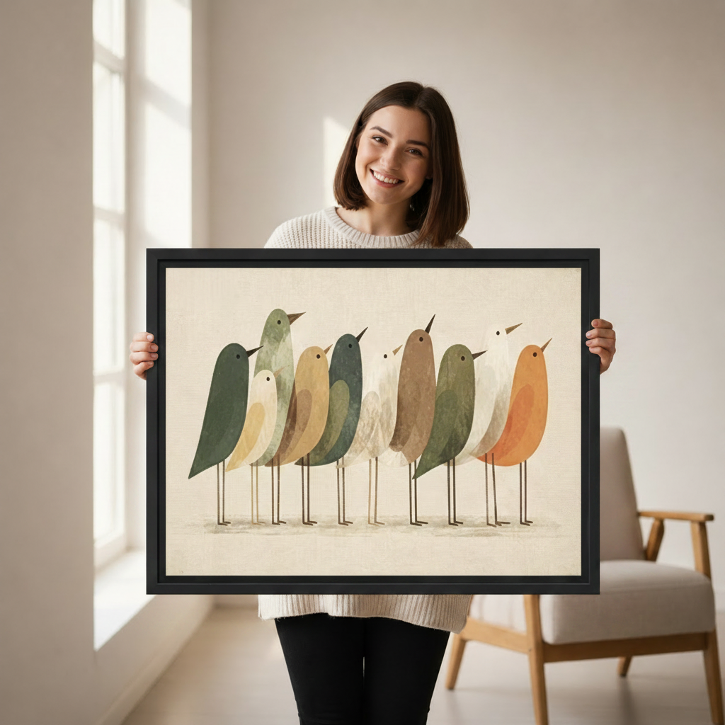 Smiling woman holding large black framed minimalist folk art birds canvas wall art in bright white studio