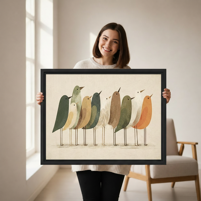 Smiling woman holding large black framed minimalist folk art birds canvas wall art in bright white studio