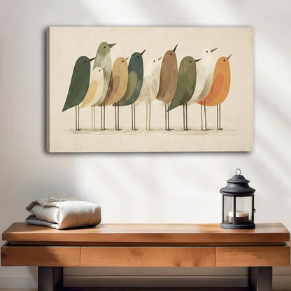 Earthy tones minimalist folk art birds gallery wrap canvas with visible side depth mounted on white wall beside indoor plants