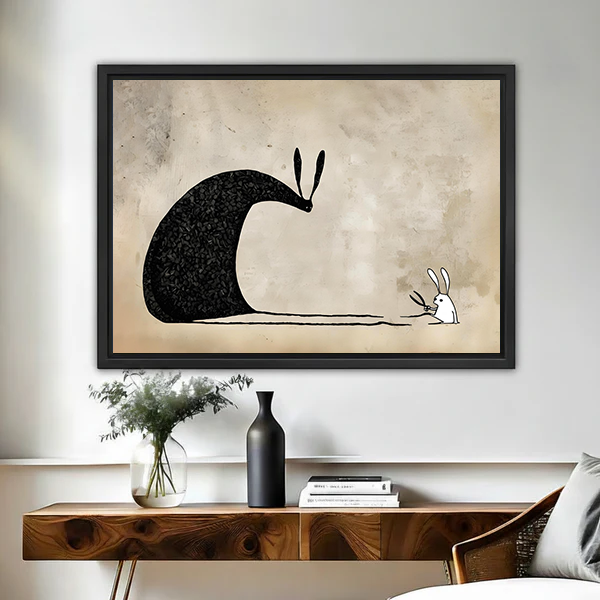 Framed minimalist giant rabbit and small bunny canvas wall art displayed above a wooden console with vases