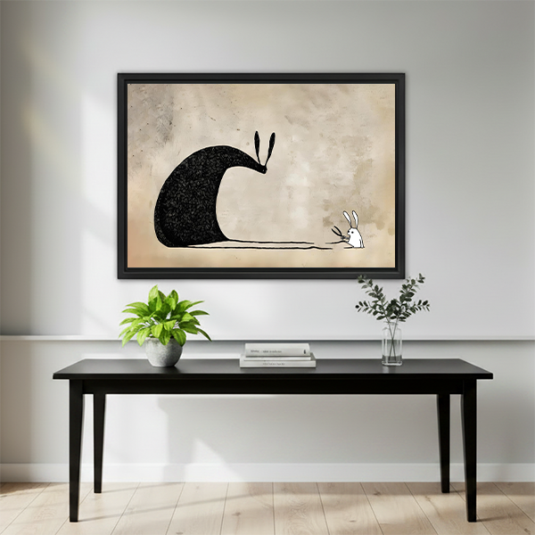 Gallery-wrap minimalist giant rabbit and small bunny canvas wall art displayed above a wooden console
