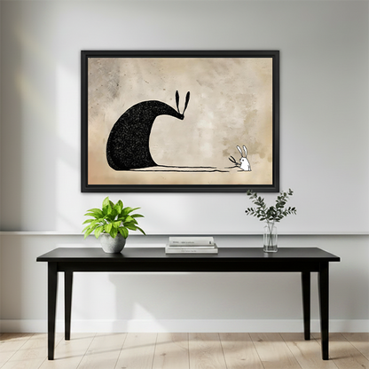 Gallery-wrap minimalist giant rabbit and small bunny canvas wall art displayed above a wooden console