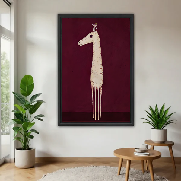 Minimalist giraffe and bird canvas wall art in black floating frame displayed in bright living room with tropical plants