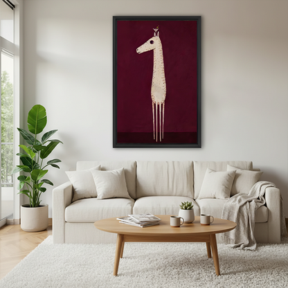 Minimalist giraffe and bird framed canvas wall art above cream sofa in Scandinavian living room with round coffee table