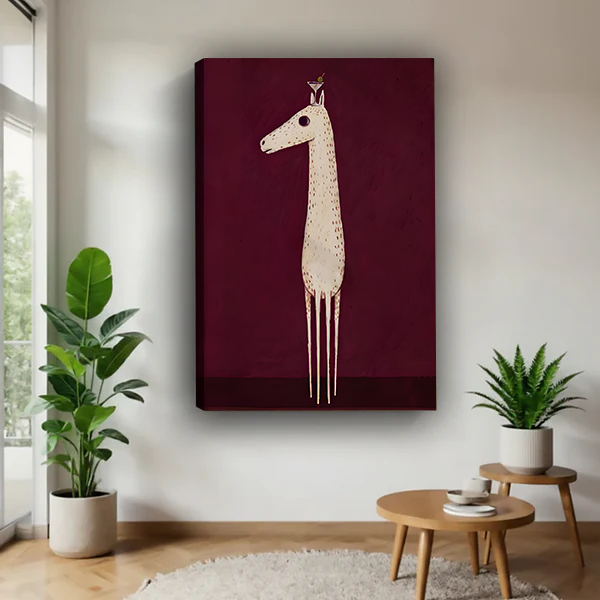 Minimalist giraffe and bird gallery wrap canvas wall art displayed in modern living room with natural light and plants