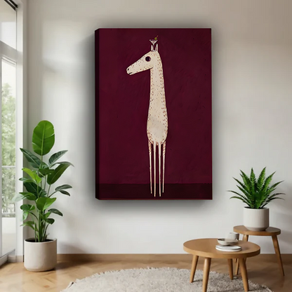Minimalist giraffe and bird gallery wrap canvas wall art displayed in modern living room with natural light and plants