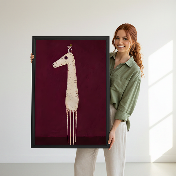 Smiling woman holding minimalist giraffe and bird framed canvas wall art showing print size against white background