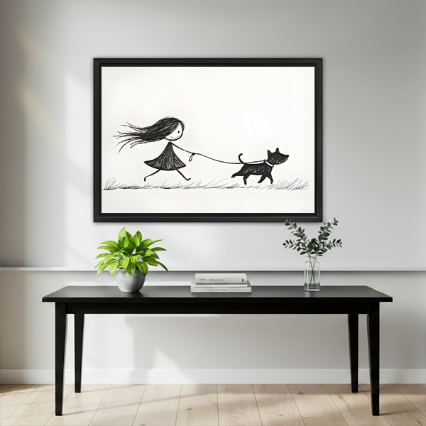 Minimalist girl and dog line art framed canvas hung above black bench table in modern entryway