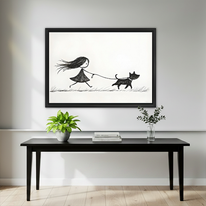 Minimalist girl and dog line art framed canvas hung above black bench table in modern entryway