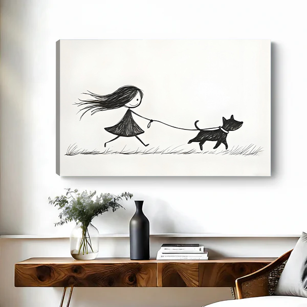Minimalist line art girl and dog running canvas print displayed on wall without frame above console table