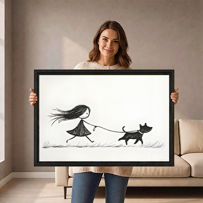 Woman holding minimalist girl walking dog framed canvas wall art showing size reference in living room