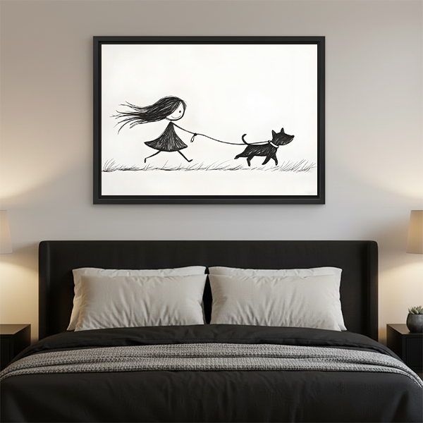 Black and white minimalist girl walking dog framed canvas wall art displayed above bed as bedroom decor