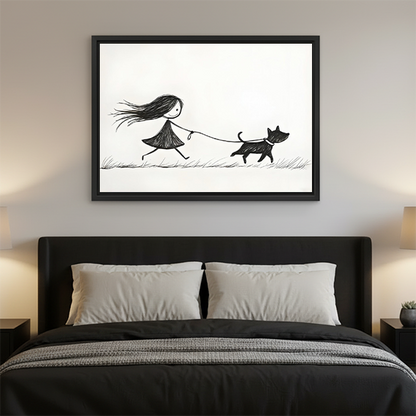 Black and white minimalist girl walking dog framed canvas wall art displayed above bed as bedroom decor