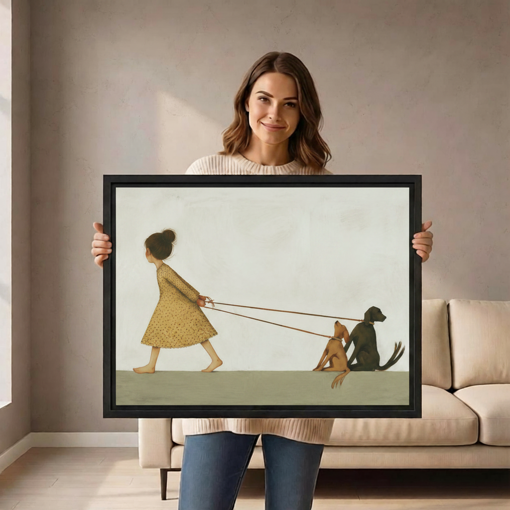 Woman holding large minimalist girl walking dogs framed canvas print showing size reference in bright room