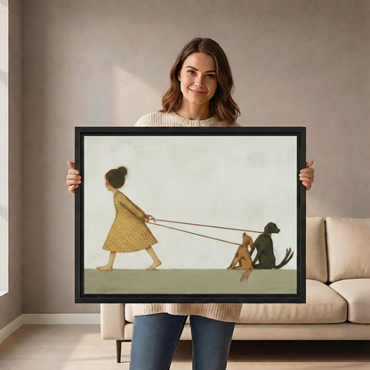 Woman holding large minimalist girl walking dogs framed canvas print showing size reference in bright room
